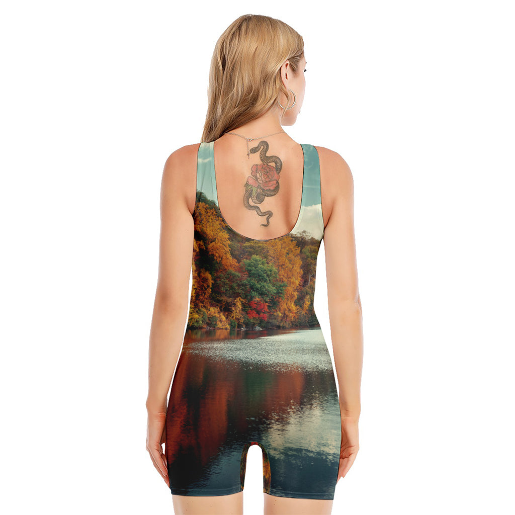 Autumn Lake Print Sleeveless One Piece Swimsuit