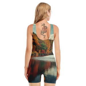 Autumn Lake Print Sleeveless One Piece Swimsuit