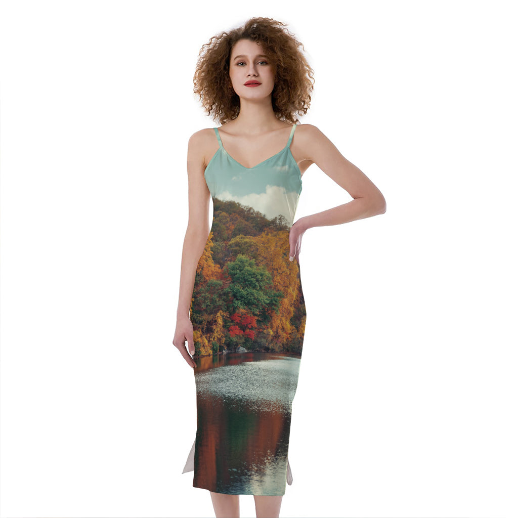 Autumn Lake Print Slim Fit Midi Cami Dress