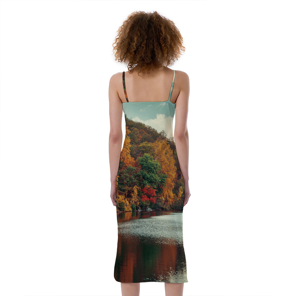 Autumn Lake Print Slim Fit Midi Cami Dress