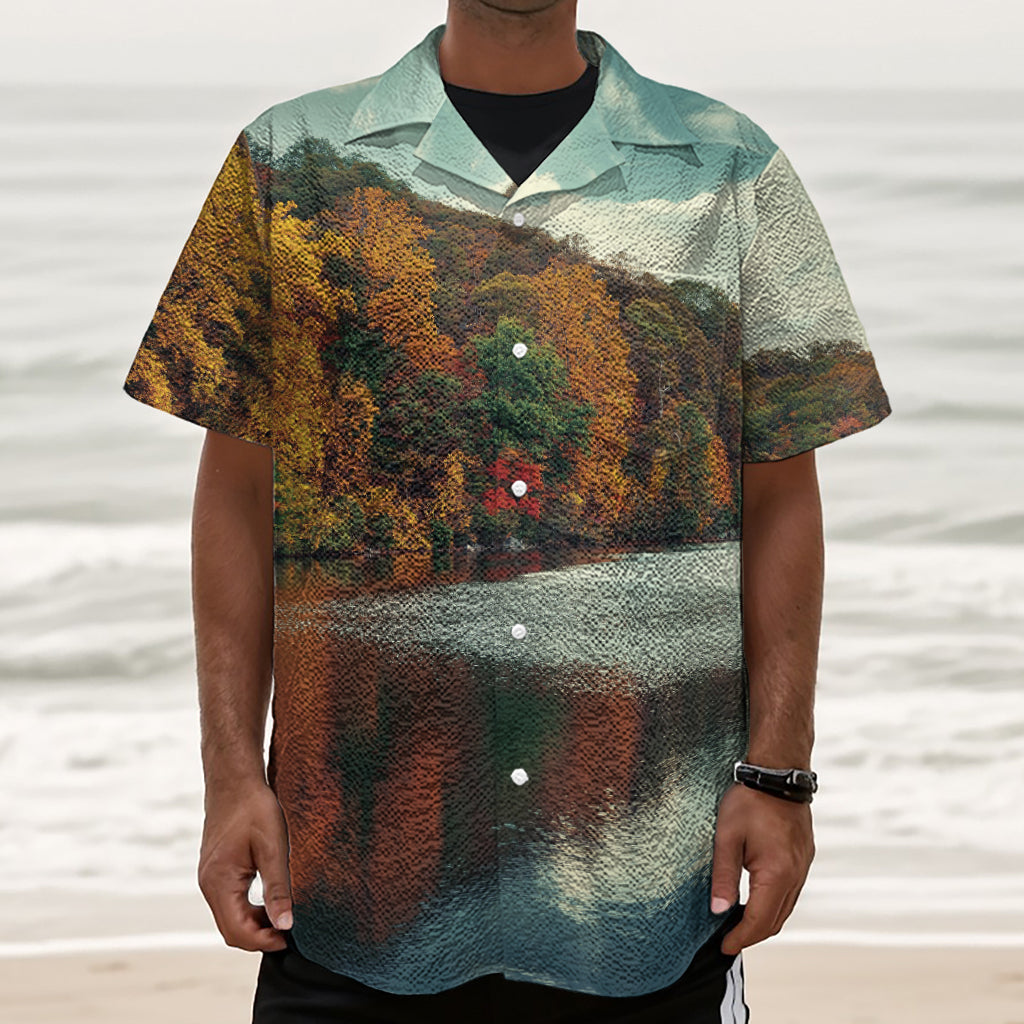 Autumn Lake Print Textured Short Sleeve Shirt