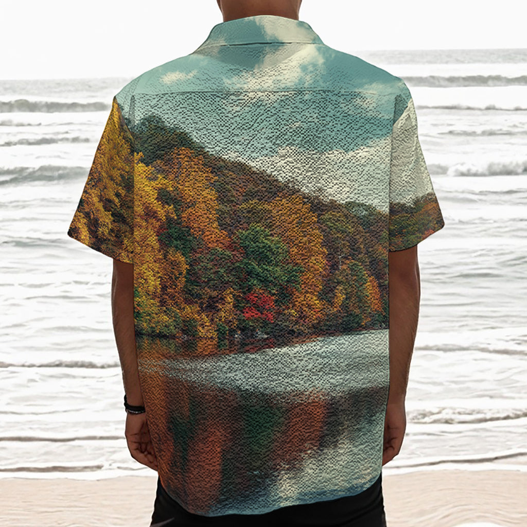 Autumn Lake Print Textured Short Sleeve Shirt