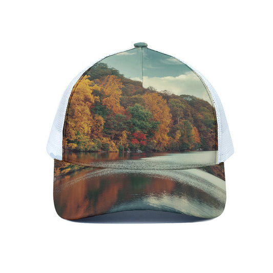 Autumn Lake Print White Mesh Trucker Cap