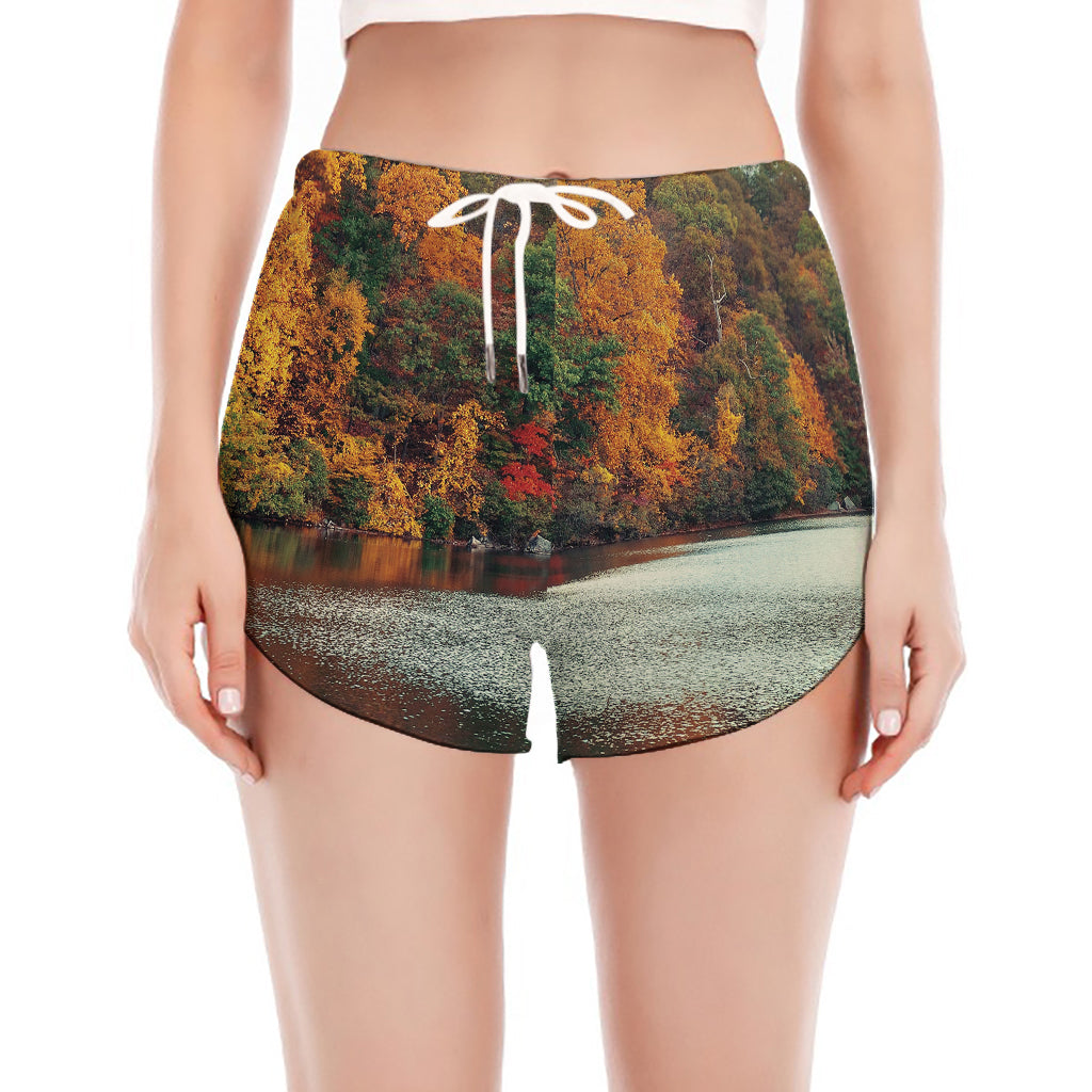 Autumn Lake Print Women's Split Running Shorts