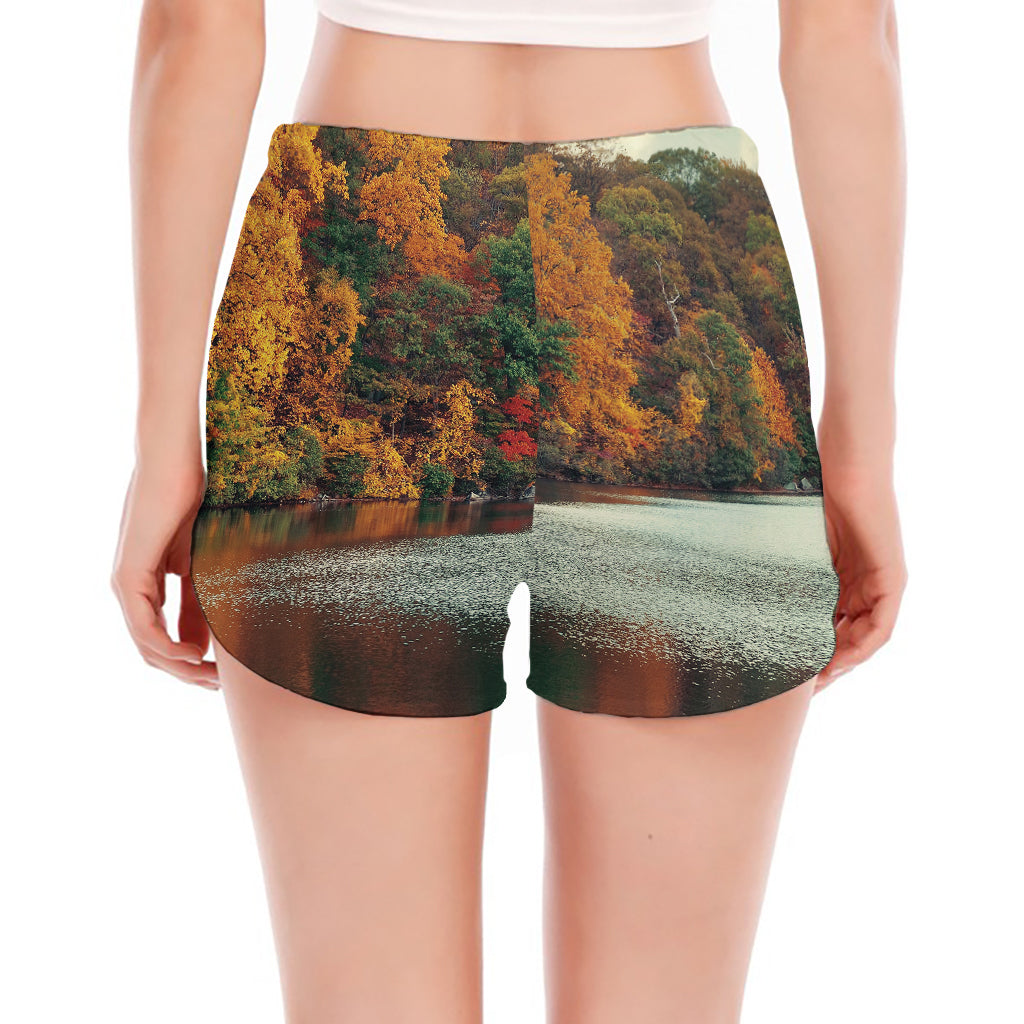 Autumn Lake Print Women's Split Running Shorts