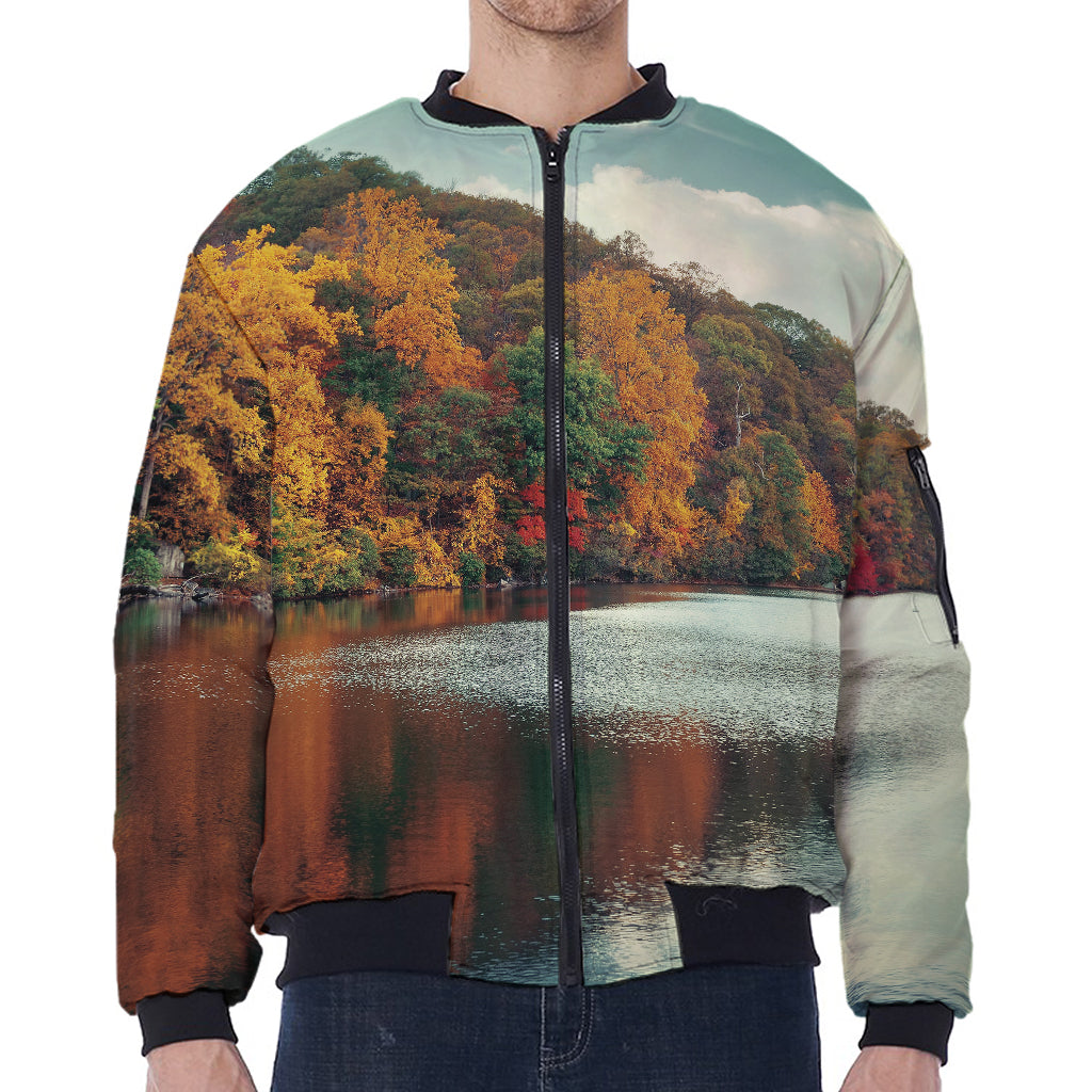 Autumn Lake Print Zip Sleeve Bomber Jacket