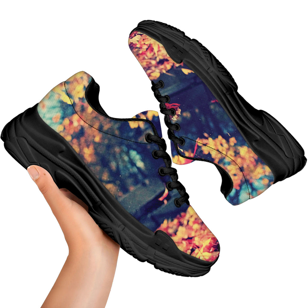 Autumn Leaves Print Black Chunky Shoes