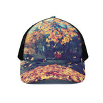 Autumn Leaves Print Black Mesh Trucker Cap