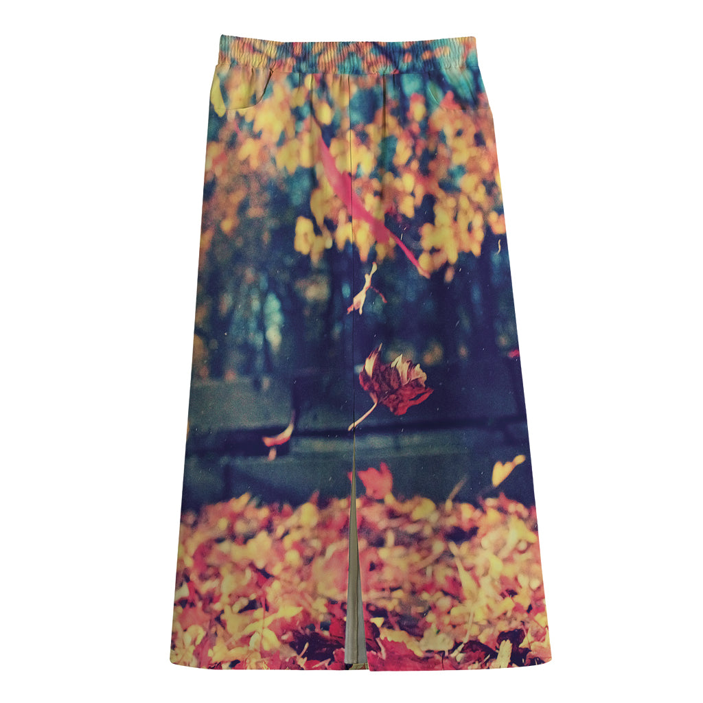 Autumn Leaves Print Cotton Front Slit Maxi Skirt