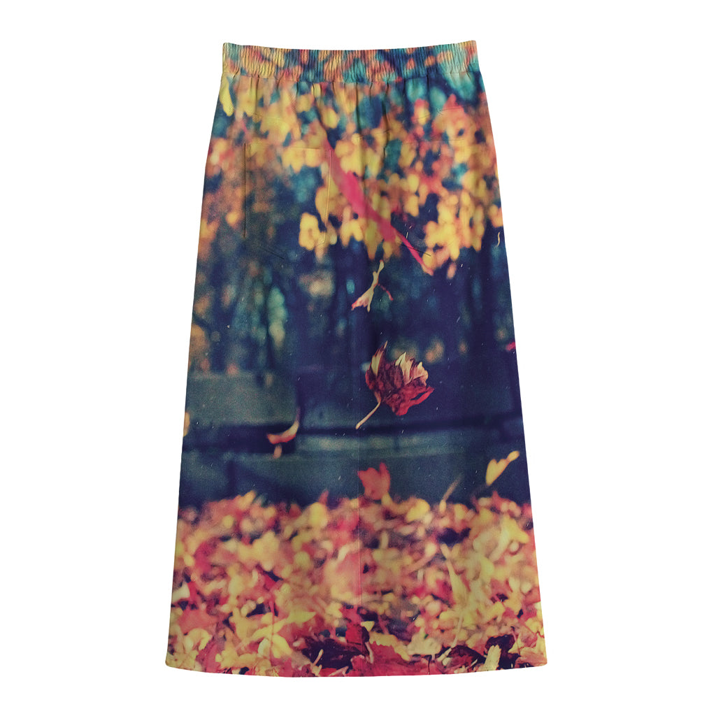 Autumn Leaves Print Cotton Front Slit Maxi Skirt