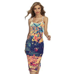 Autumn Leaves Print Cross Back Cami Dress