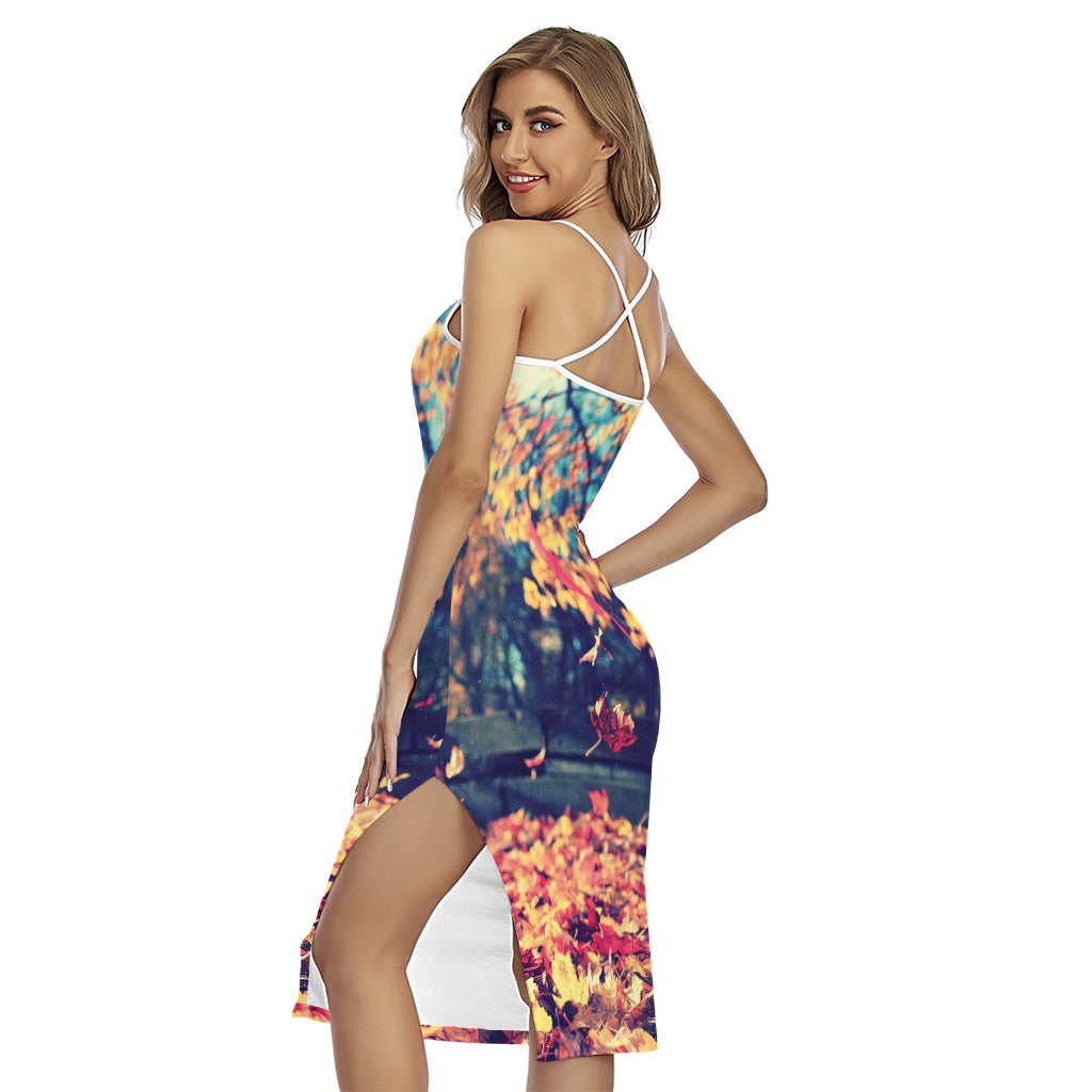 Autumn Leaves Print Cross Back Cami Dress