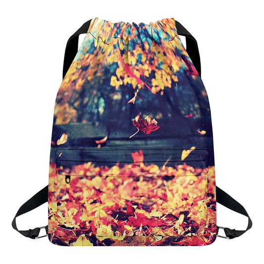 Autumn Leaves Print Drawstring Backpack