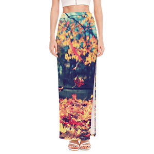 Autumn Leaves Print High Slit Maxi Skirt