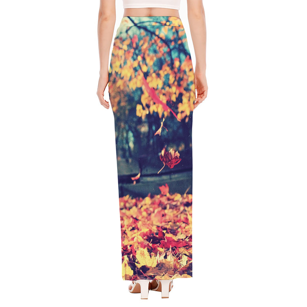 Autumn Leaves Print High Slit Maxi Skirt