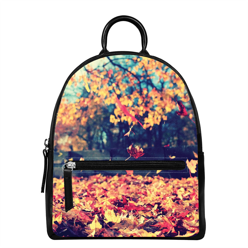 Autumn Leaves Print Leather Backpack