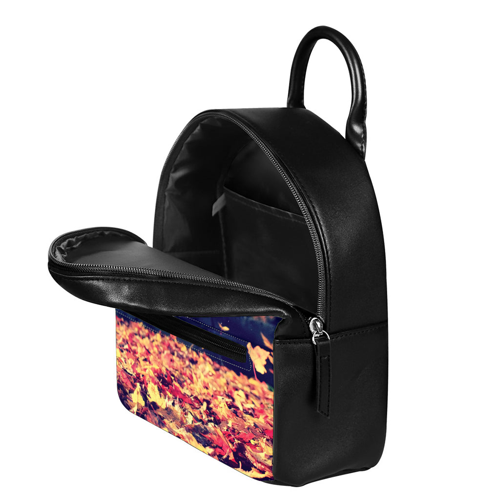 Autumn Leaves Print Leather Backpack