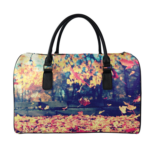 Autumn Leaves Print Leather Duffle Bag