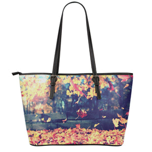 Autumn Leaves Print Leather Tote Bag