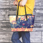 Autumn Leaves Print Leather Tote Bag