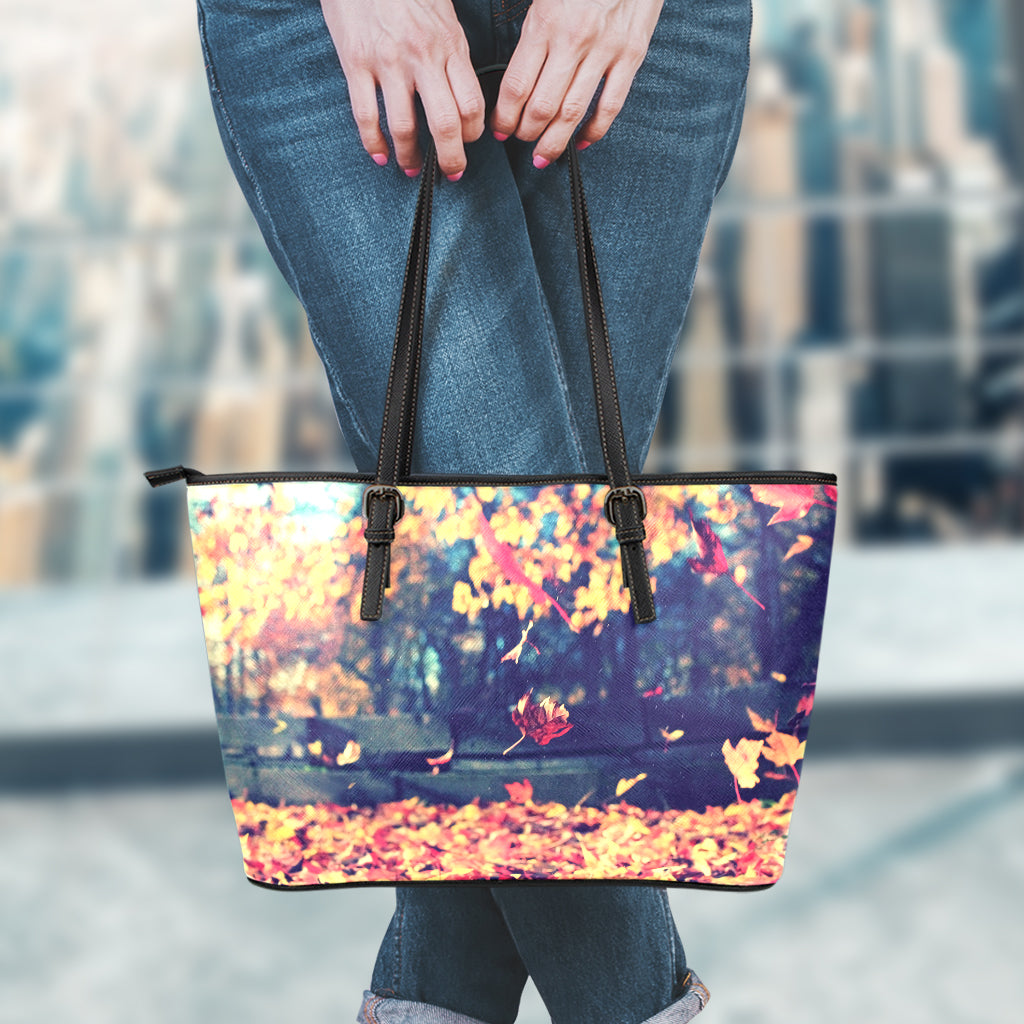 Autumn Leaves Print Leather Tote Bag