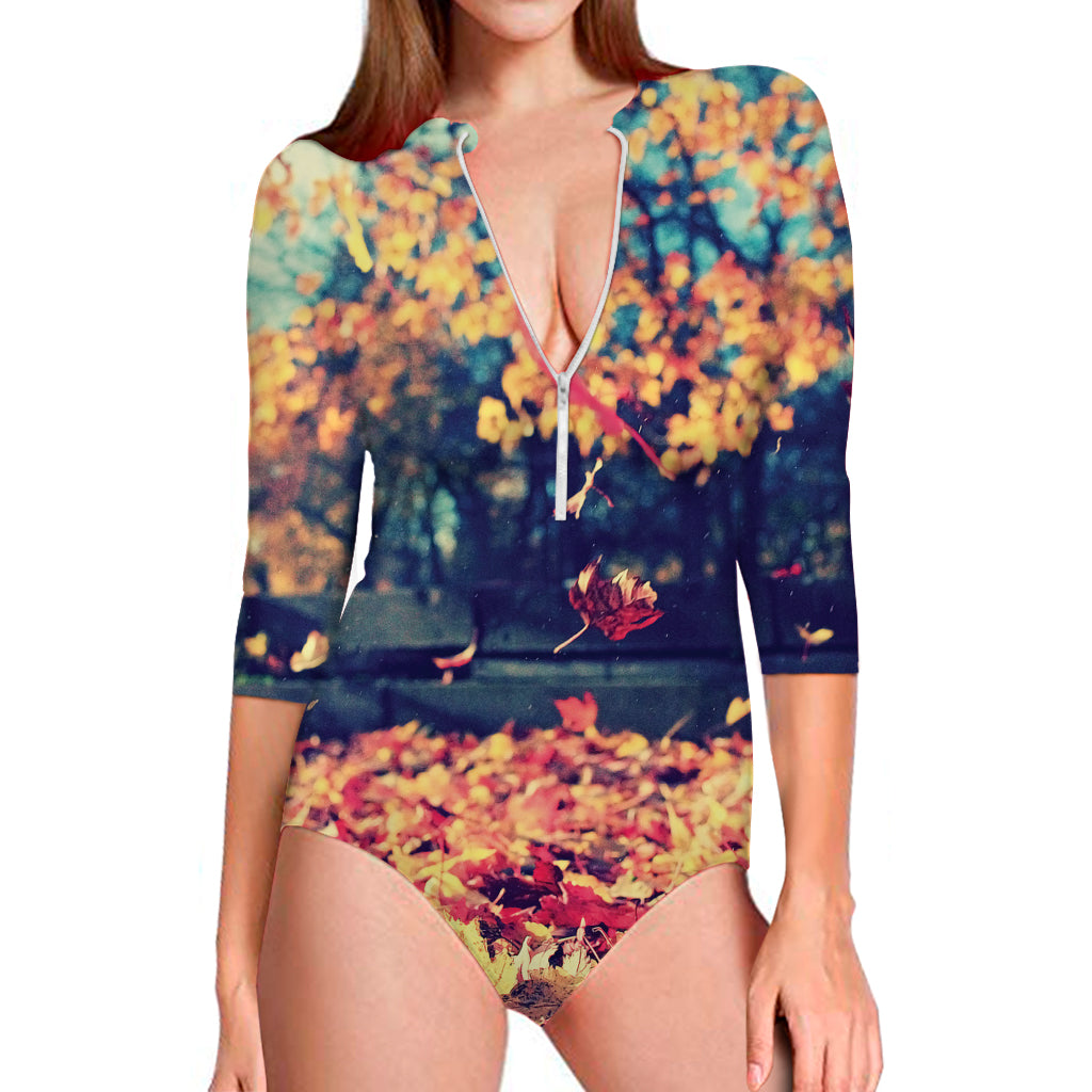 Autumn Leaves Print Long Sleeve Swimsuit