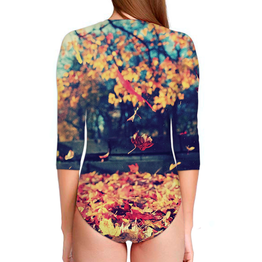 Autumn Leaves Print Long Sleeve Swimsuit