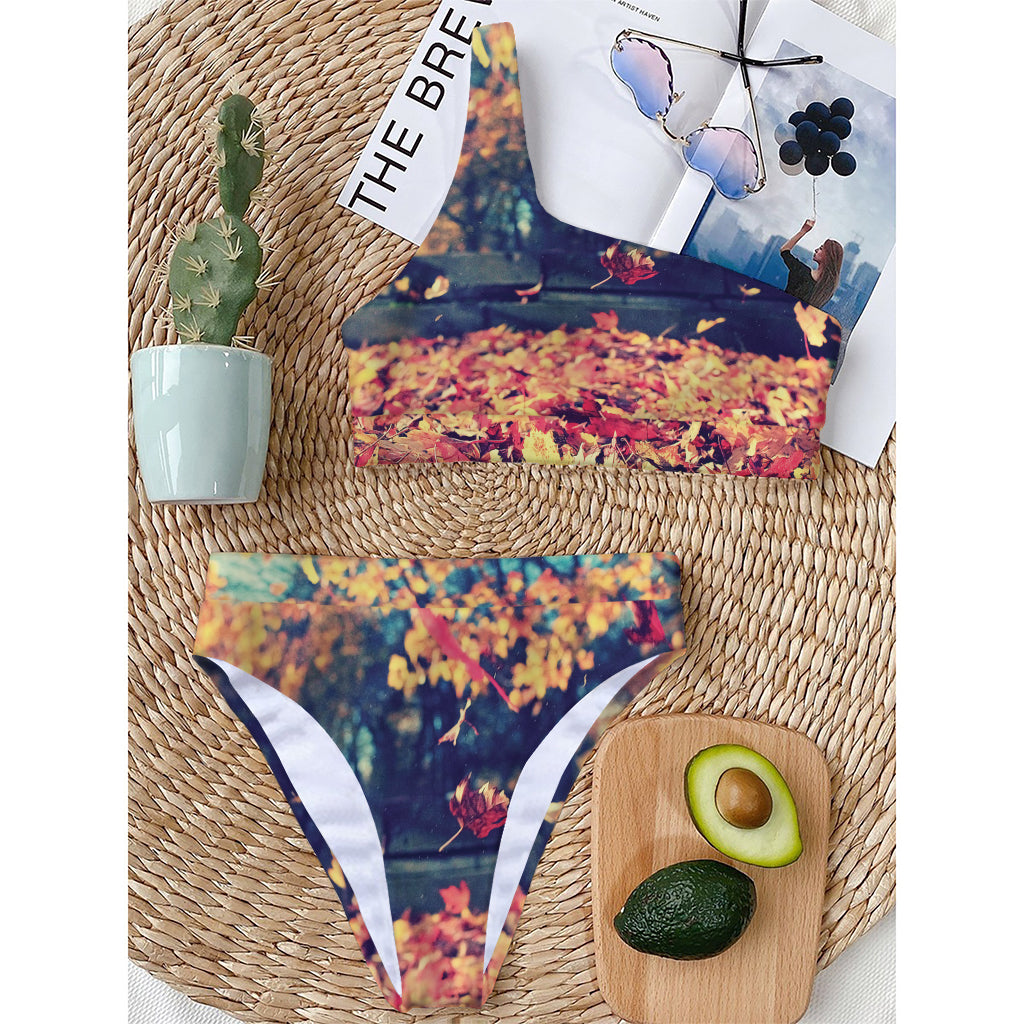 Autumn Leaves Print One Shoulder Bikini Top