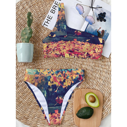 Autumn Leaves Print One Shoulder Bikini Top