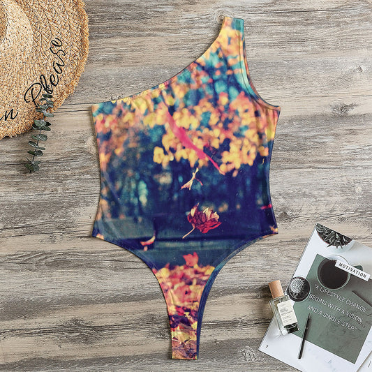 Autumn Leaves Print One Shoulder Bodysuit