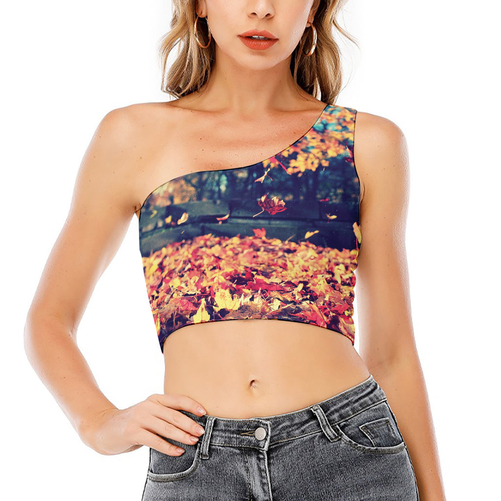 Autumn Leaves Print One Shoulder Crop Top