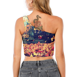 Autumn Leaves Print One Shoulder Crop Top