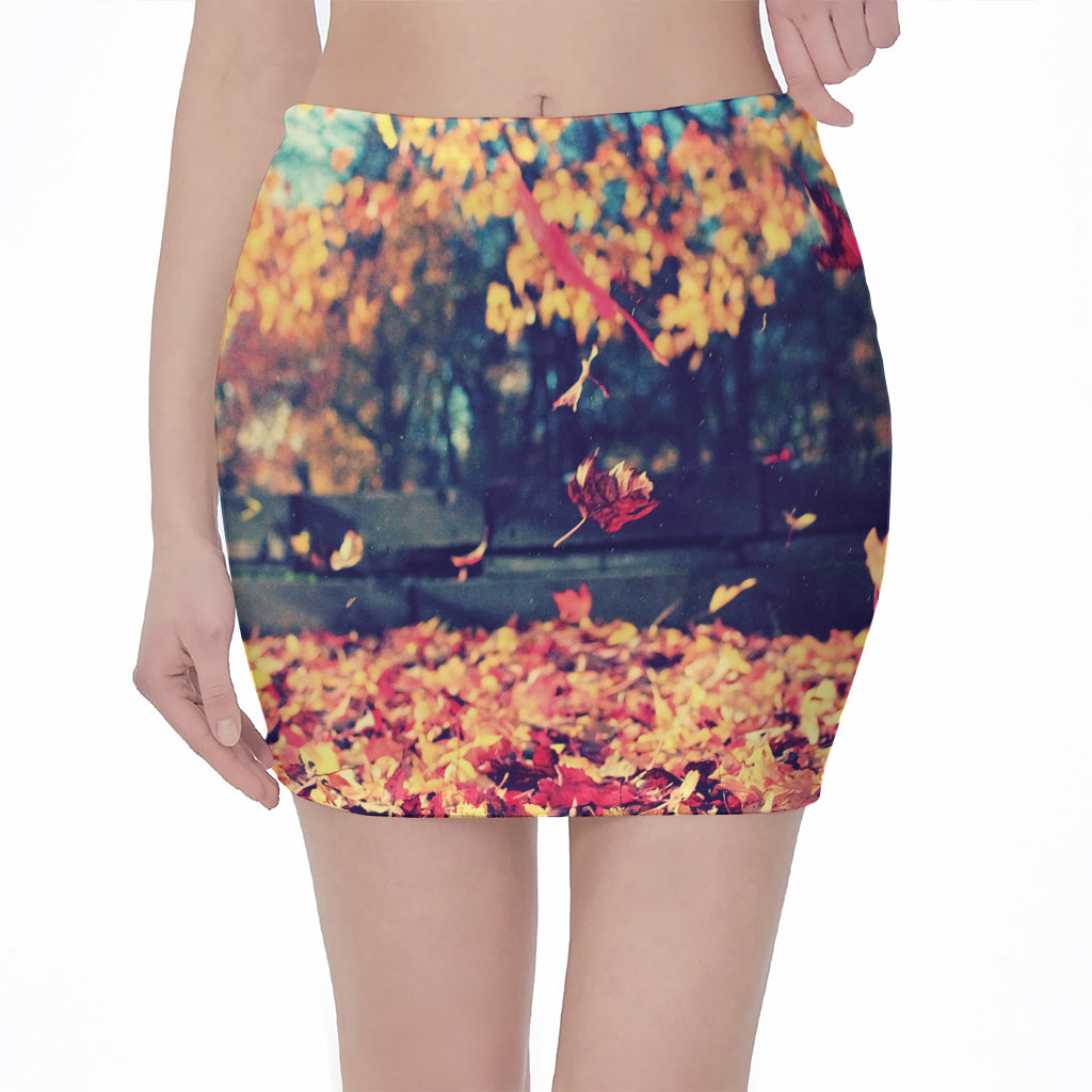 Autumn Leaves Print Pencil Mini Skirt