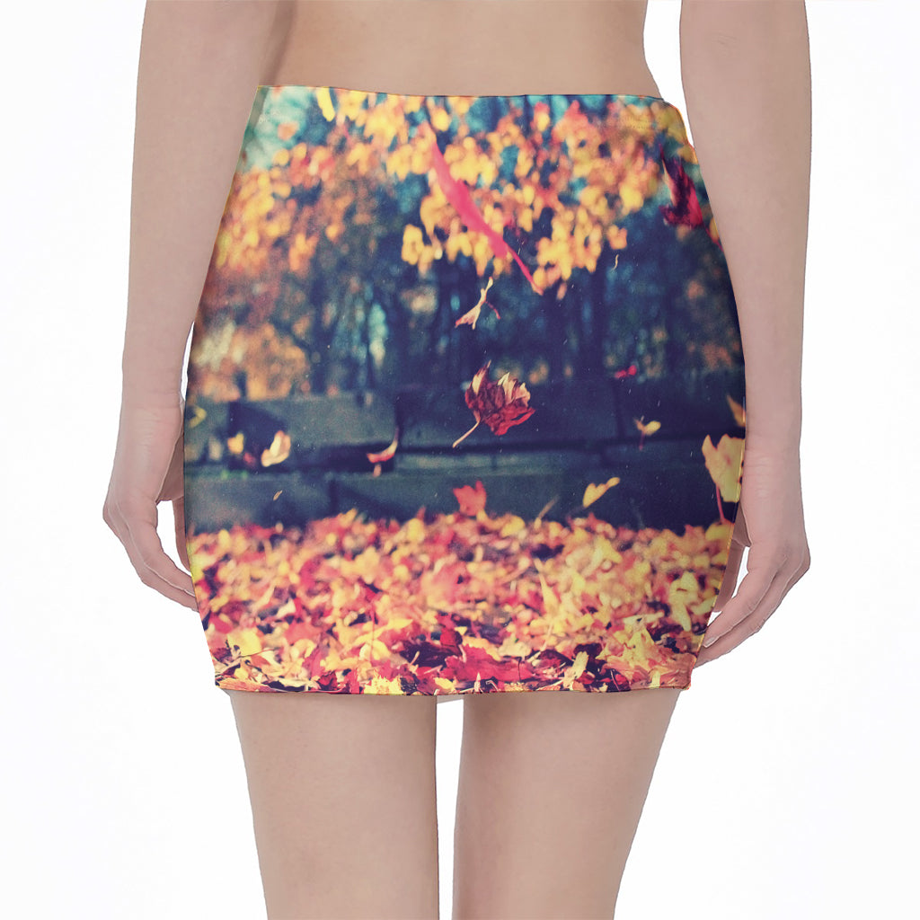 Autumn Leaves Print Pencil Mini Skirt