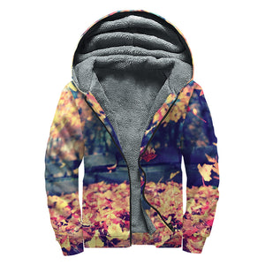 Autumn Leaves Print Sherpa Lined Zip Up Hoodie