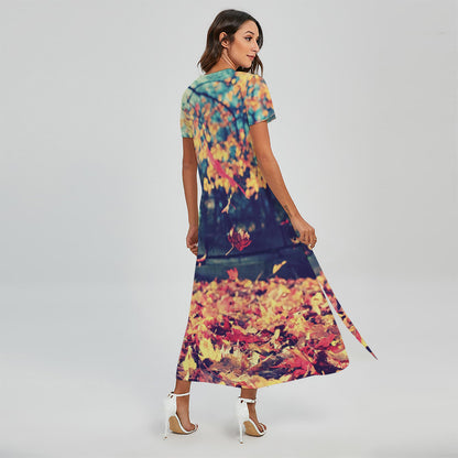 Autumn Leaves Print Short Sleeve Maxi Dress