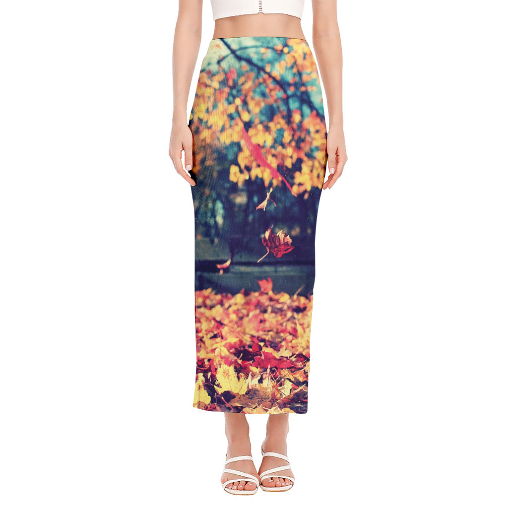 Autumn Leaves Print Side Slit Maxi Skirt