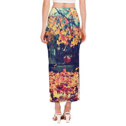 Autumn Leaves Print Side Slit Maxi Skirt