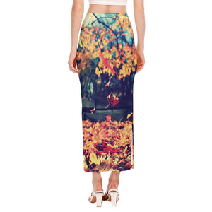 Autumn Leaves Print Side Slit Maxi Skirt