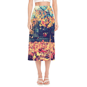 Autumn Leaves Print Side Slit Midi Skirt