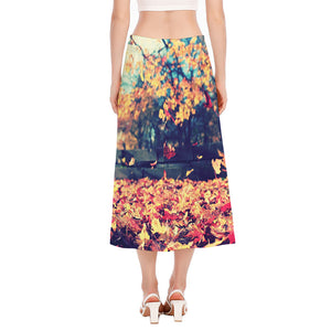 Autumn Leaves Print Side Slit Midi Skirt