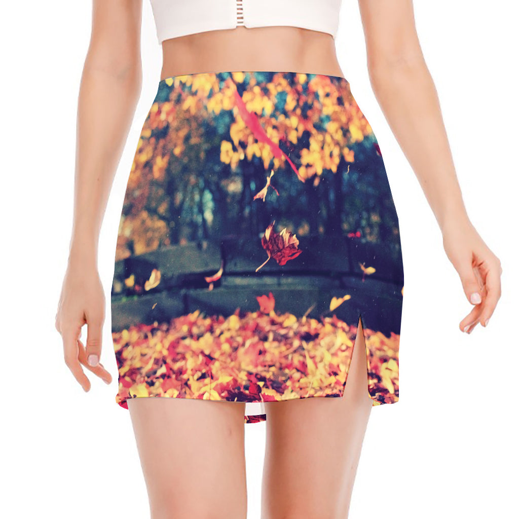 Autumn Leaves Print Side Slit Mini Skirt