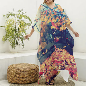 Autumn Leaves Print Silk V-Neck Kaftan Dress