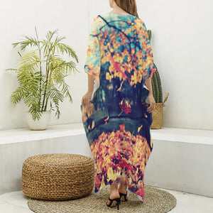 Autumn Leaves Print Silk V-Neck Kaftan Dress