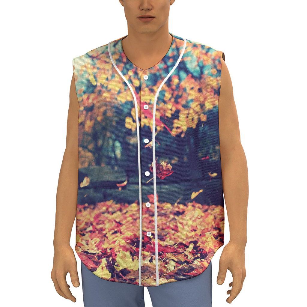 Autumn Leaves Print Sleeveless Baseball Jersey