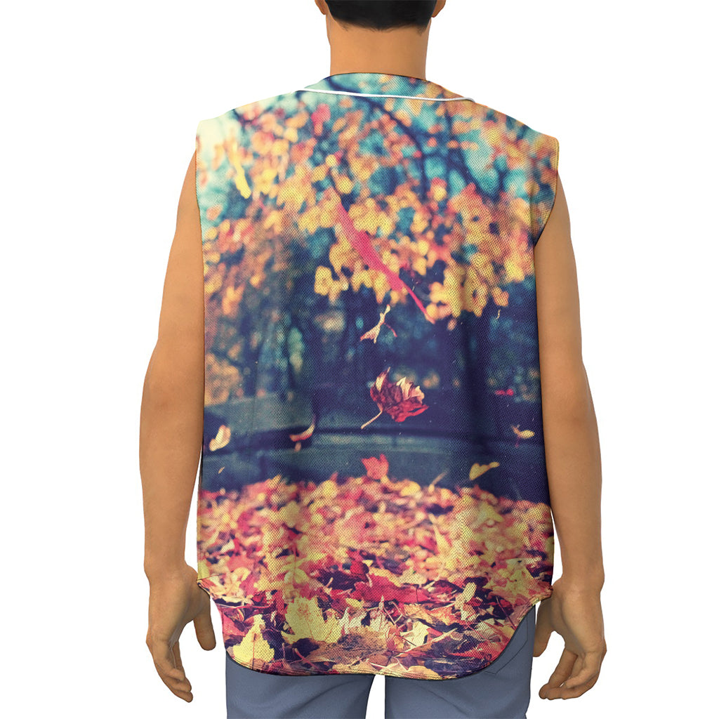 Autumn Leaves Print Sleeveless Baseball Jersey