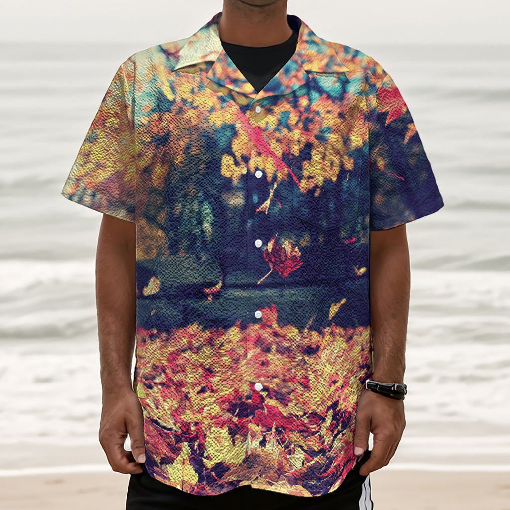 Autumn Leaves Print Textured Short Sleeve Shirt