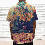 Autumn Leaves Print Textured Short Sleeve Shirt