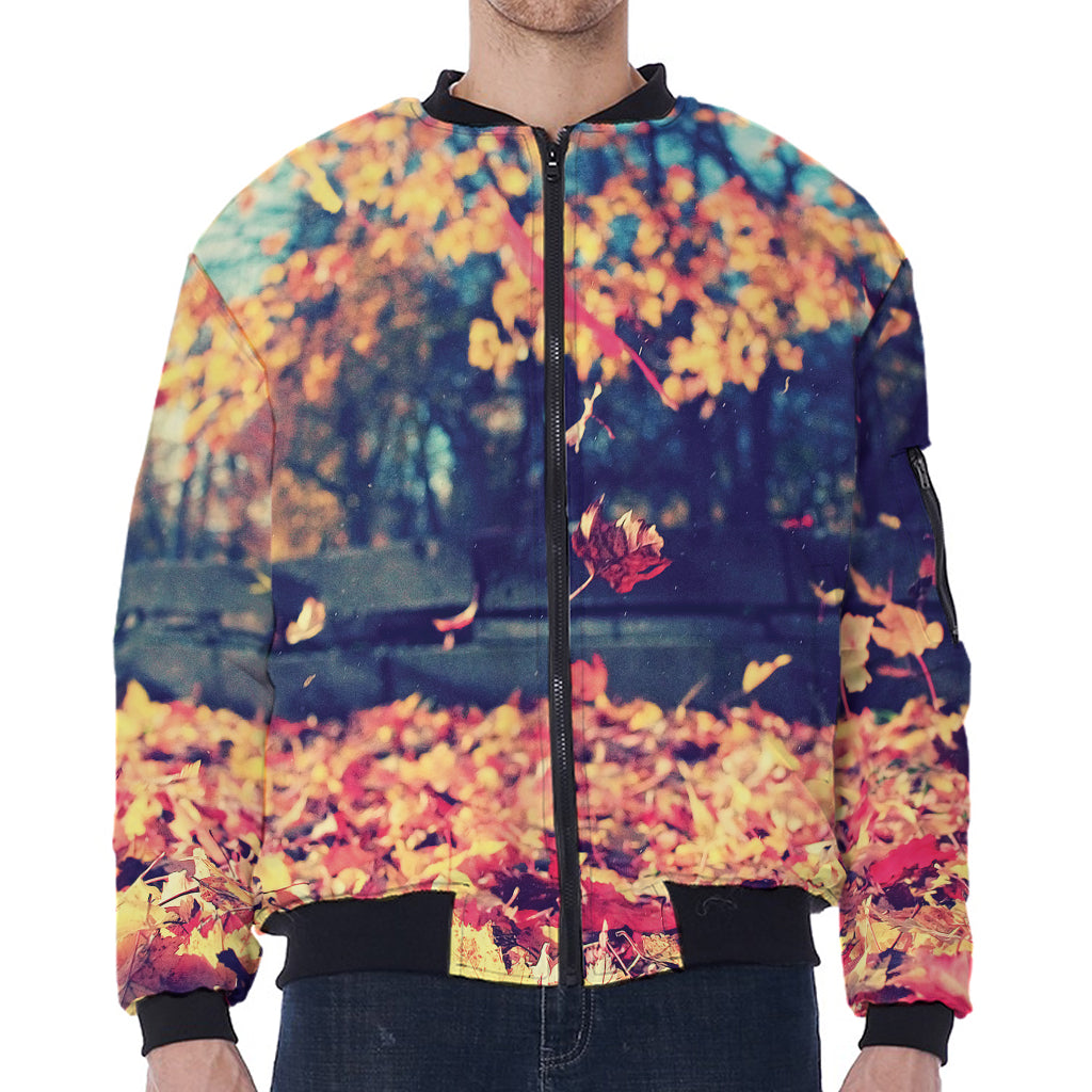 Autumn Leaves Print Zip Sleeve Bomber Jacket