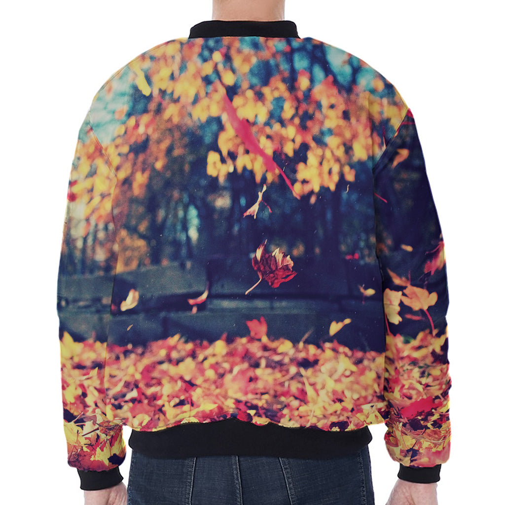 Autumn Leaves Print Zip Sleeve Bomber Jacket